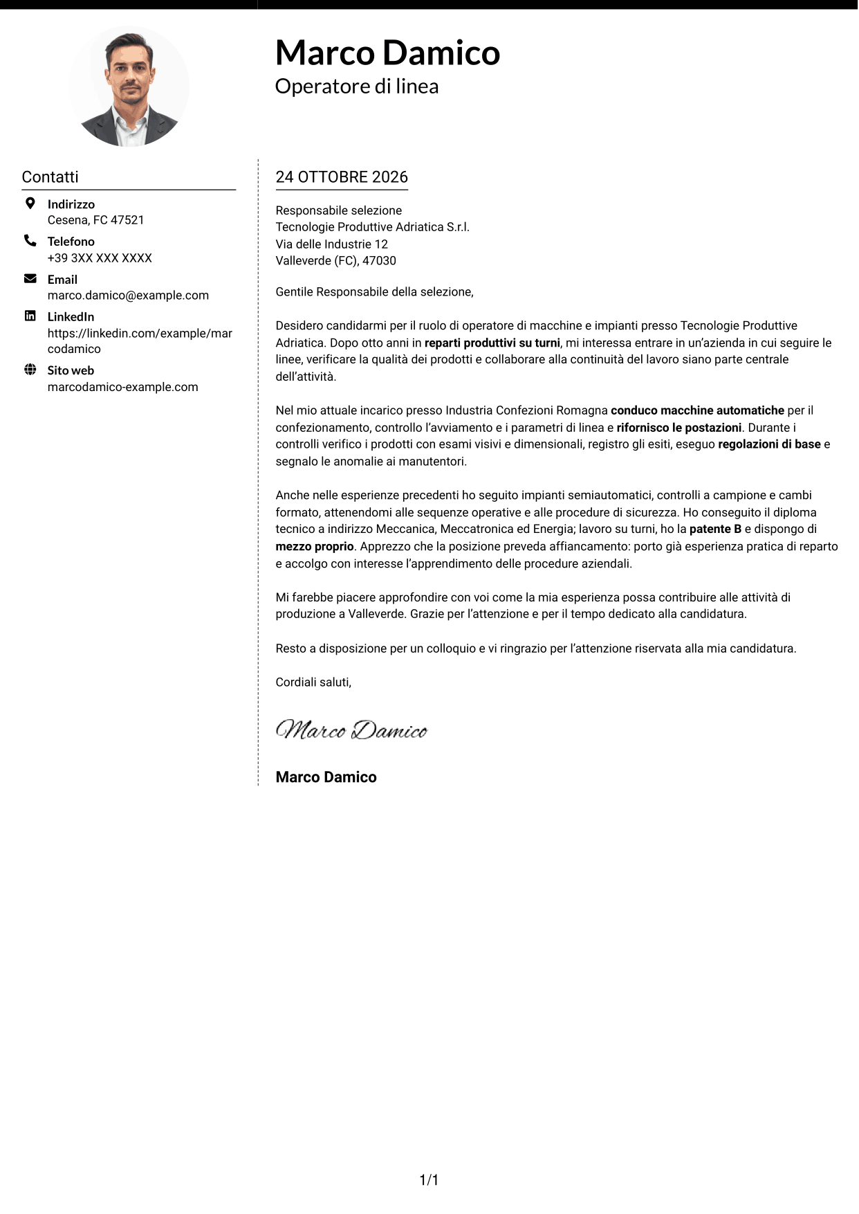 Lettera di presentazione Moderno (formato a due colonne con foto a sinistra e separatore): Operatore di macchine e impianti - Produzione, pagina 1