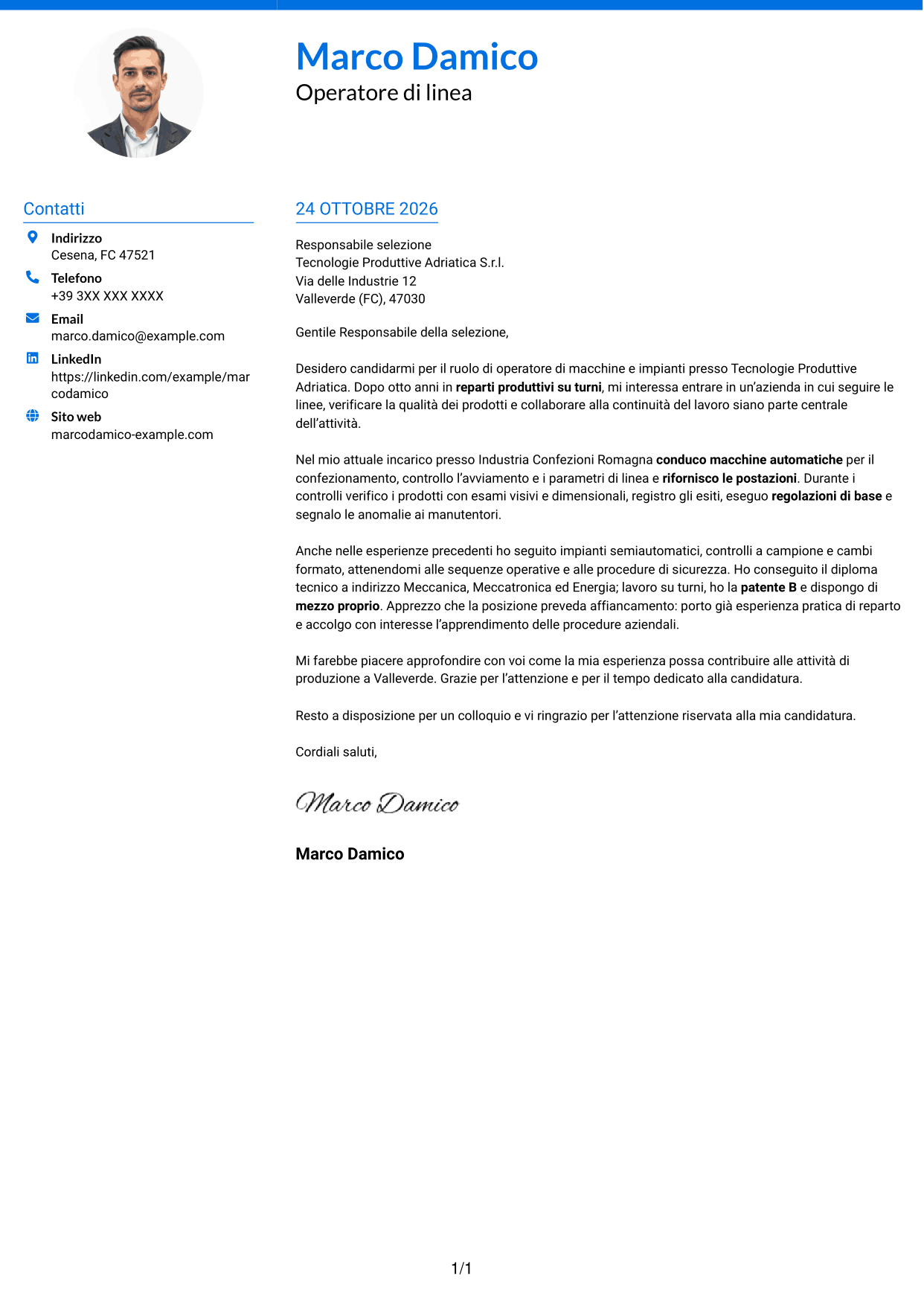 Lettera di presentazione Audace (formato a due colonne con accenti colorati e foto): Operatore di macchine e impianti - Produzione, pagina 1