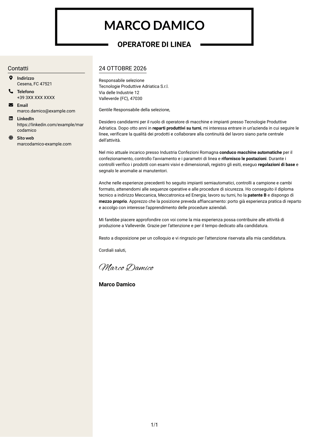 Lettera di presentazione Intraprendente (formato a due colonne con intestazione centrata senza foto): Operatore di macchine e impianti - Produzione, pagina 1