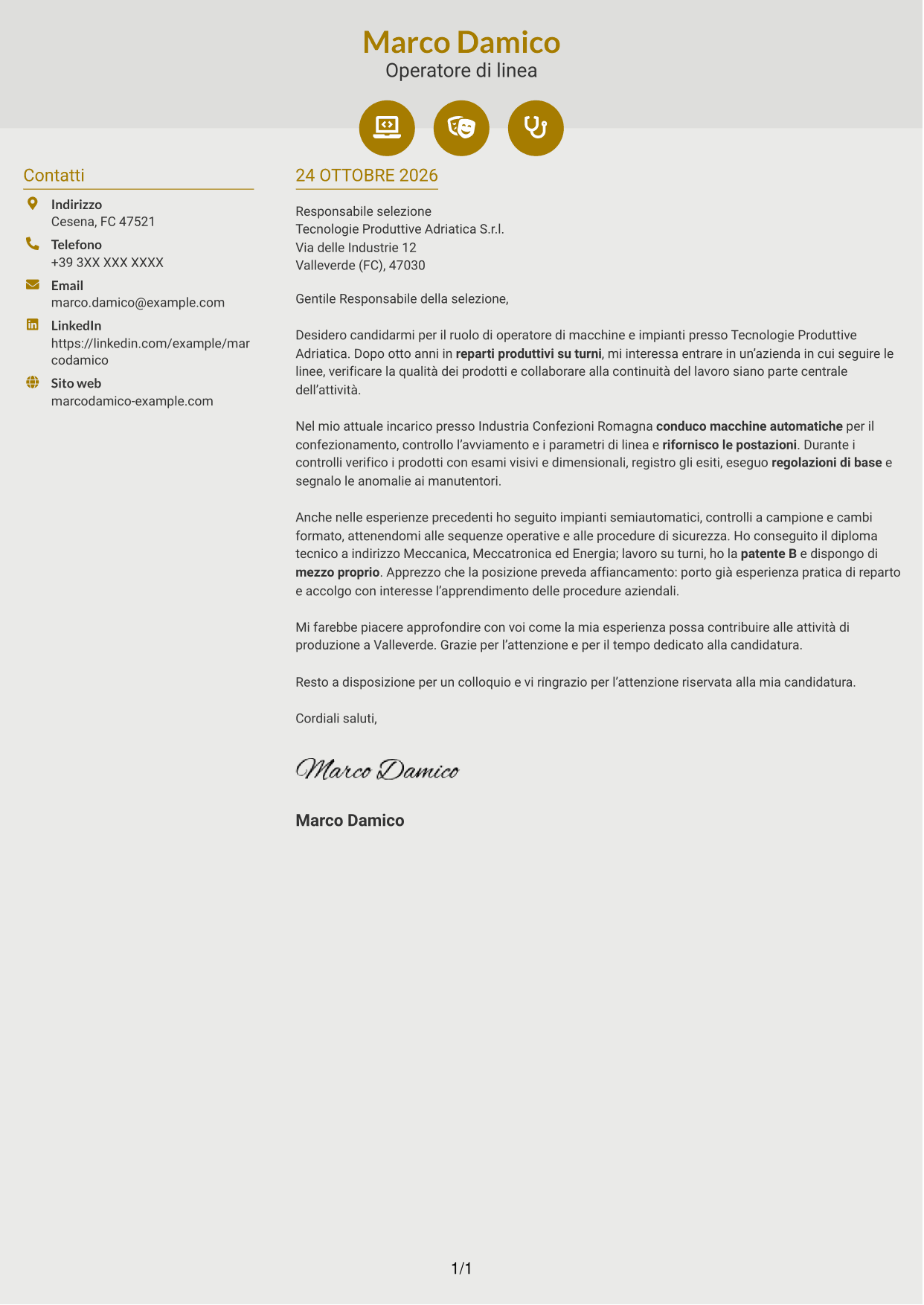 Lettera di presentazione Dinamico (formato a due colonne con icone): Operatore di macchine e impianti - Produzione, pagina 1