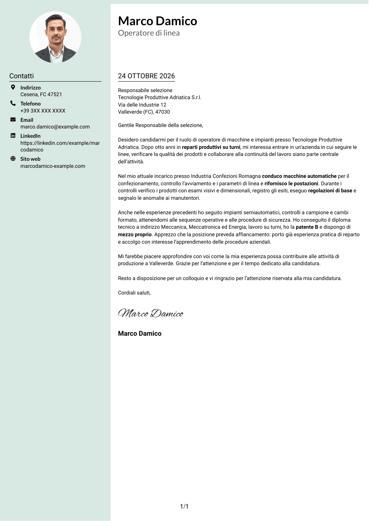Lettera di presentazione Dirigente (formato con colonna laterale tenue e foto arrotondata): Operatore di macchine e impianti - Produzione, pagina 1