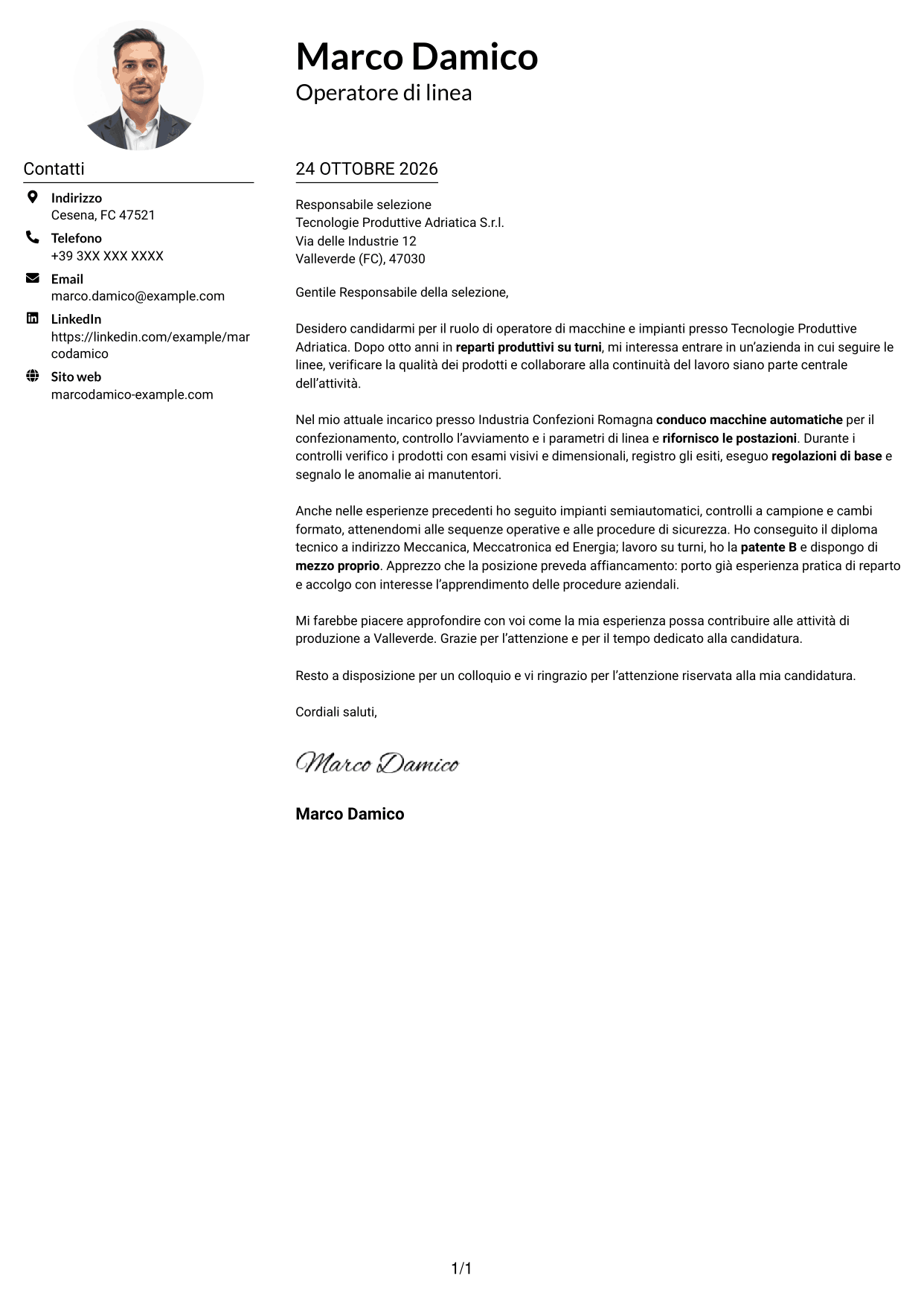 Esempio di lettera di presentazione — pagina 1