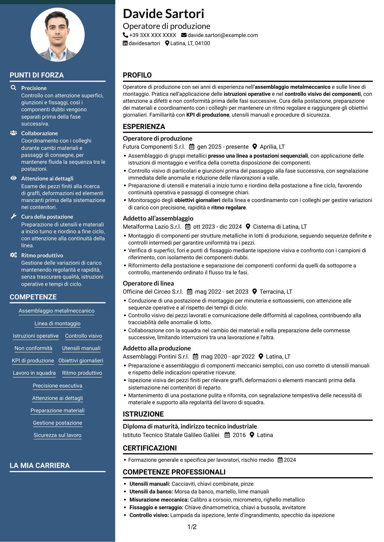 CV Elegante (formato con colonna laterale colorata e foto): Operatore di produzione - Assemblaggio metalmeccanico, pagina 1