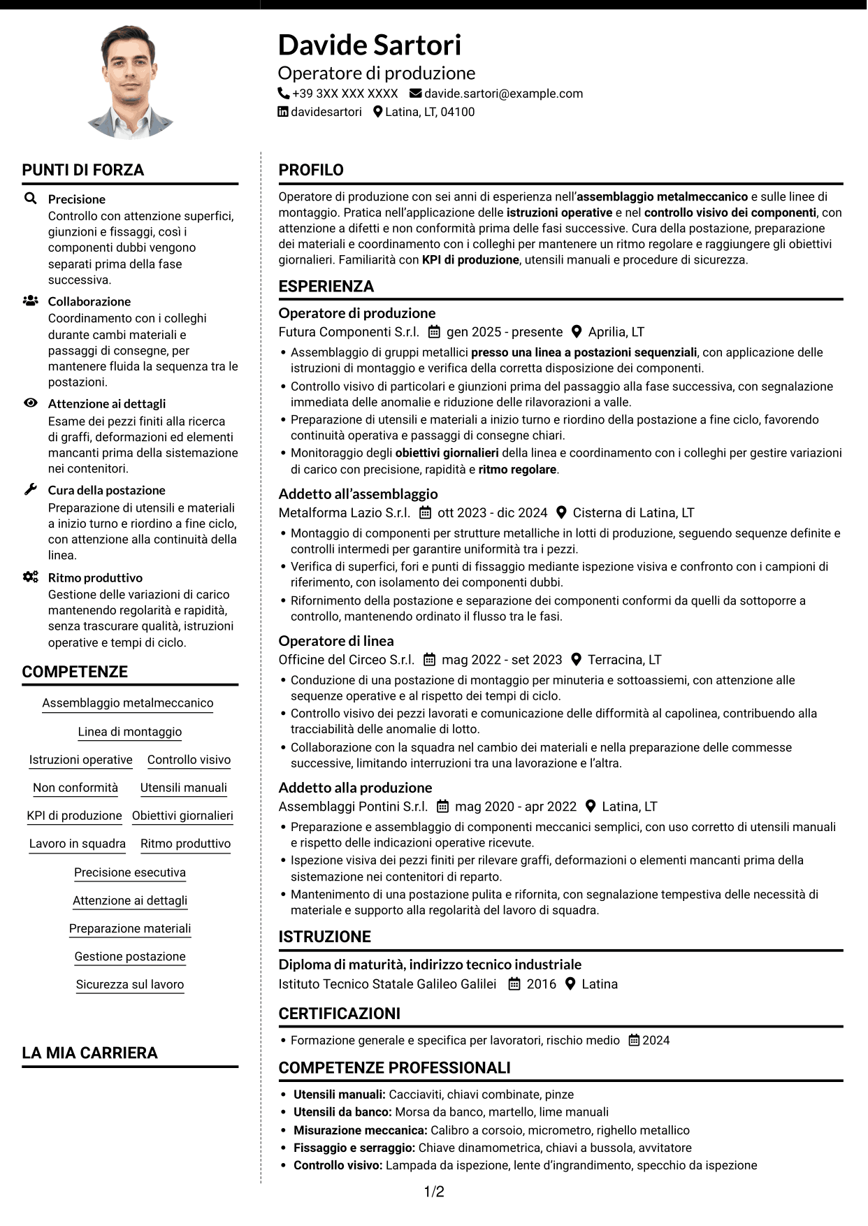 CV Moderno (formato a due colonne con foto a sinistra e separatore): Operatore di produzione - Assemblaggio metalmeccanico, pagina 1
