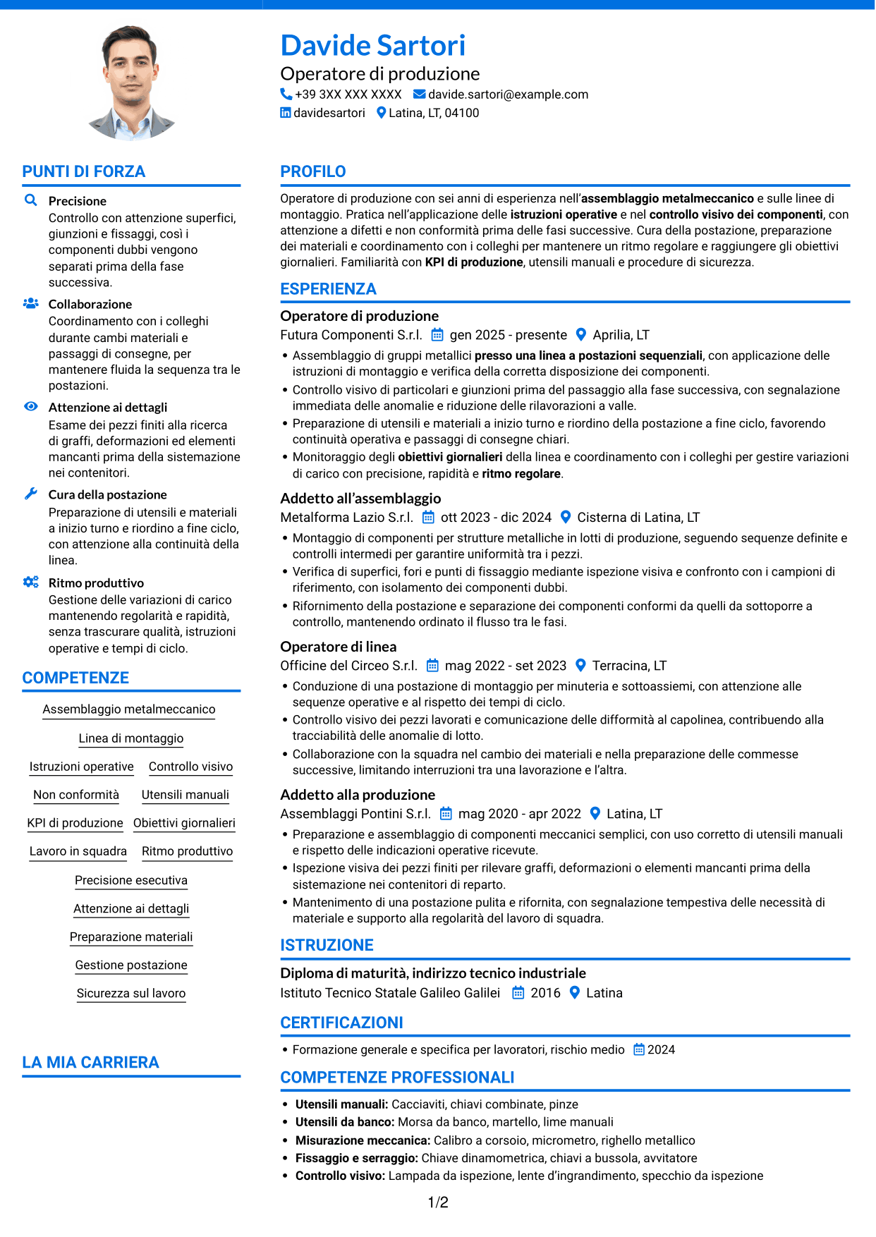 CV Audace (formato a due colonne con accenti colorati e foto): Operatore di produzione - Assemblaggio metalmeccanico, pagina 1