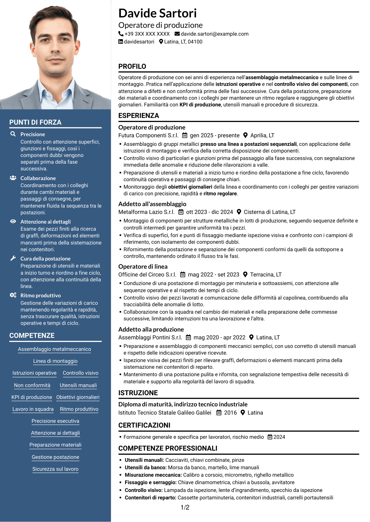 CV Signature (formato con colonna laterale colorata e foto grande): Operatore di produzione - Assemblaggio metalmeccanico, pagina 1