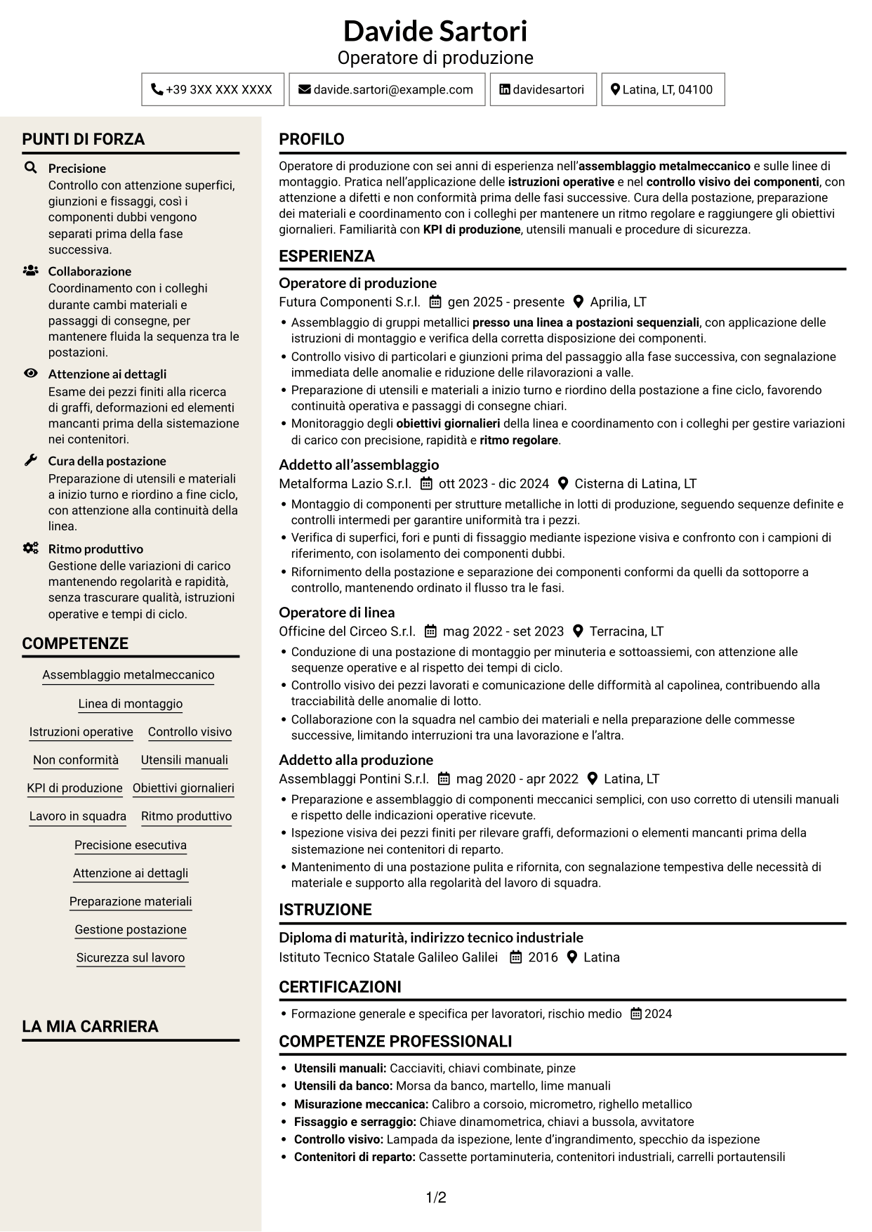 CV Intraprendente (formato a due colonne con intestazione centrata senza foto): Operatore di produzione - Assemblaggio metalmeccanico, pagina 1