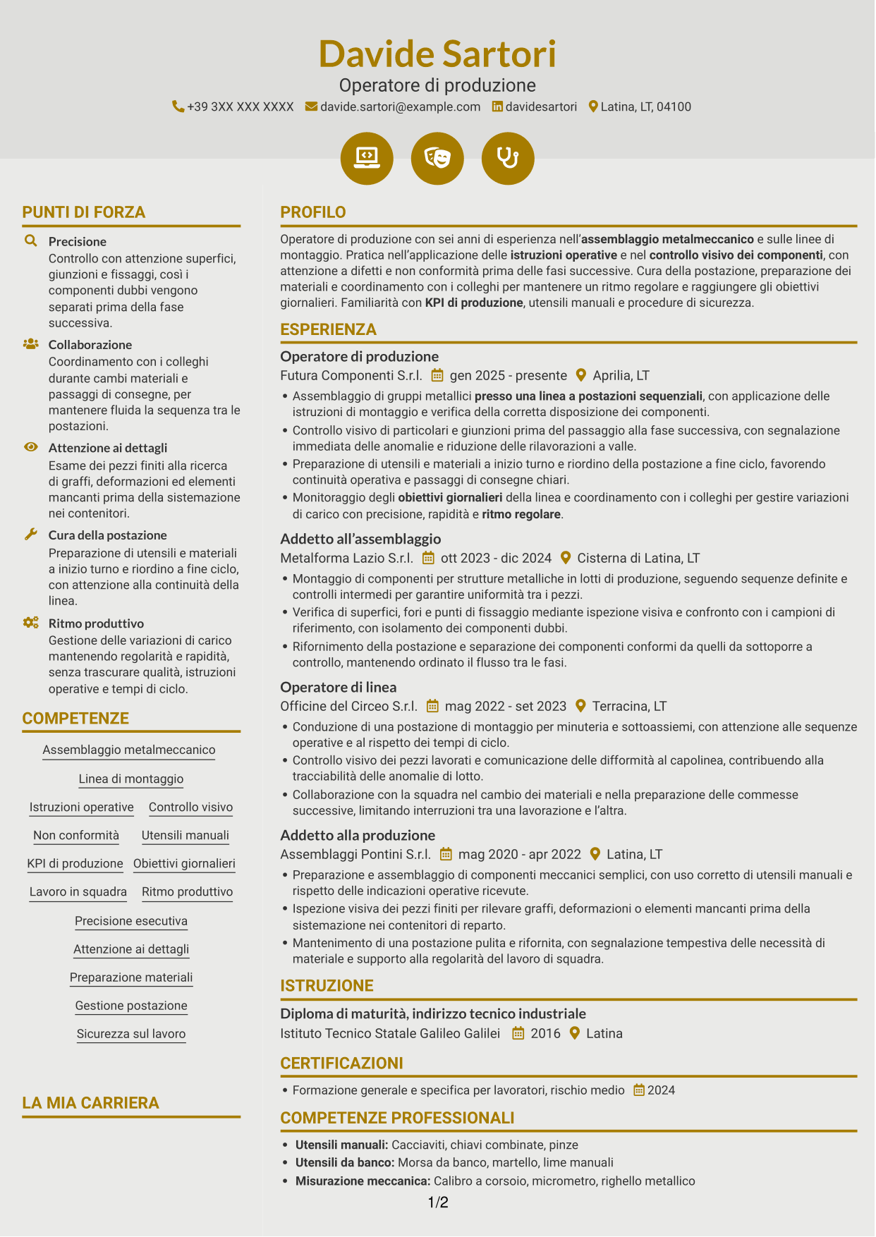 CV Dinamico (formato a due colonne con icone): Operatore di produzione - Assemblaggio metalmeccanico, pagina 1