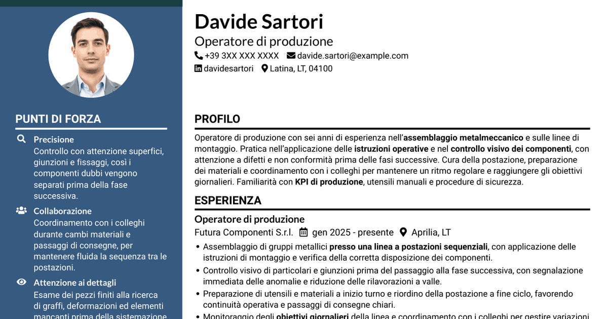7 modelli di CV per Operatore di produzione - Assemblaggio metalmeccanico, con esempi