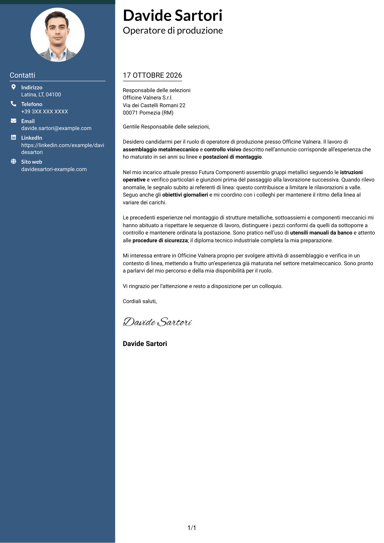 Lettera di presentazione Elegante (formato con colonna laterale colorata e foto): Operatore di produzione - Assemblaggio metalmeccanico, pagina 1