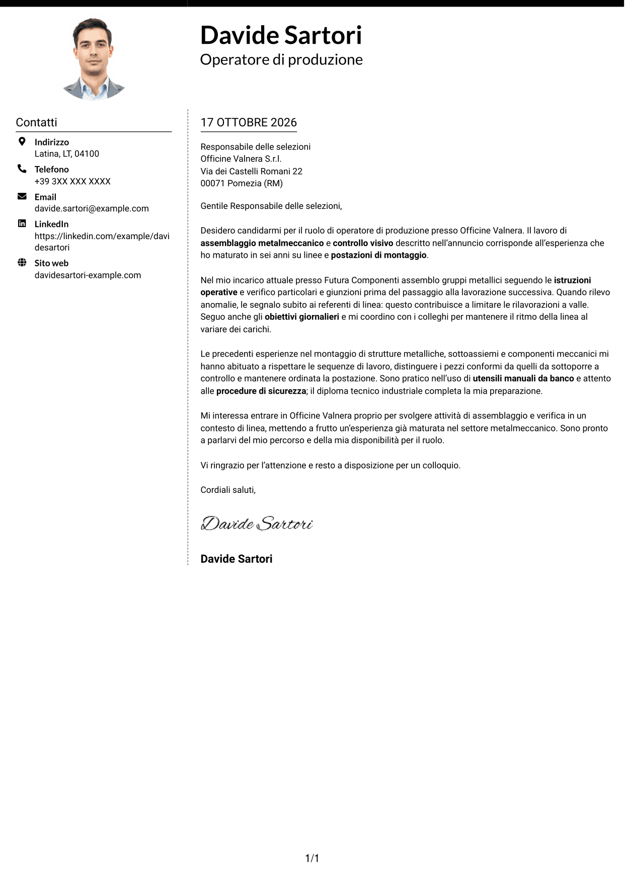 Lettera di presentazione Moderno (formato a due colonne con foto a sinistra e separatore): Operatore di produzione - Assemblaggio metalmeccanico, pagina 1