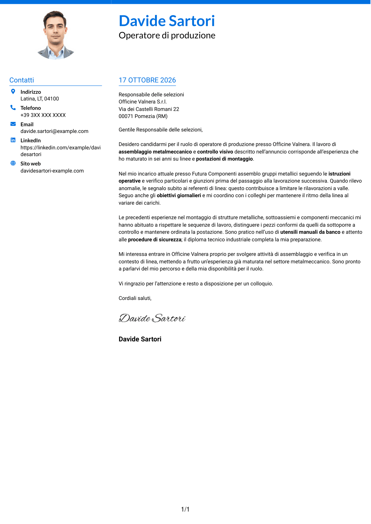 Lettera di presentazione Audace (formato a due colonne con accenti colorati e foto): Operatore di produzione - Assemblaggio metalmeccanico, pagina 1
