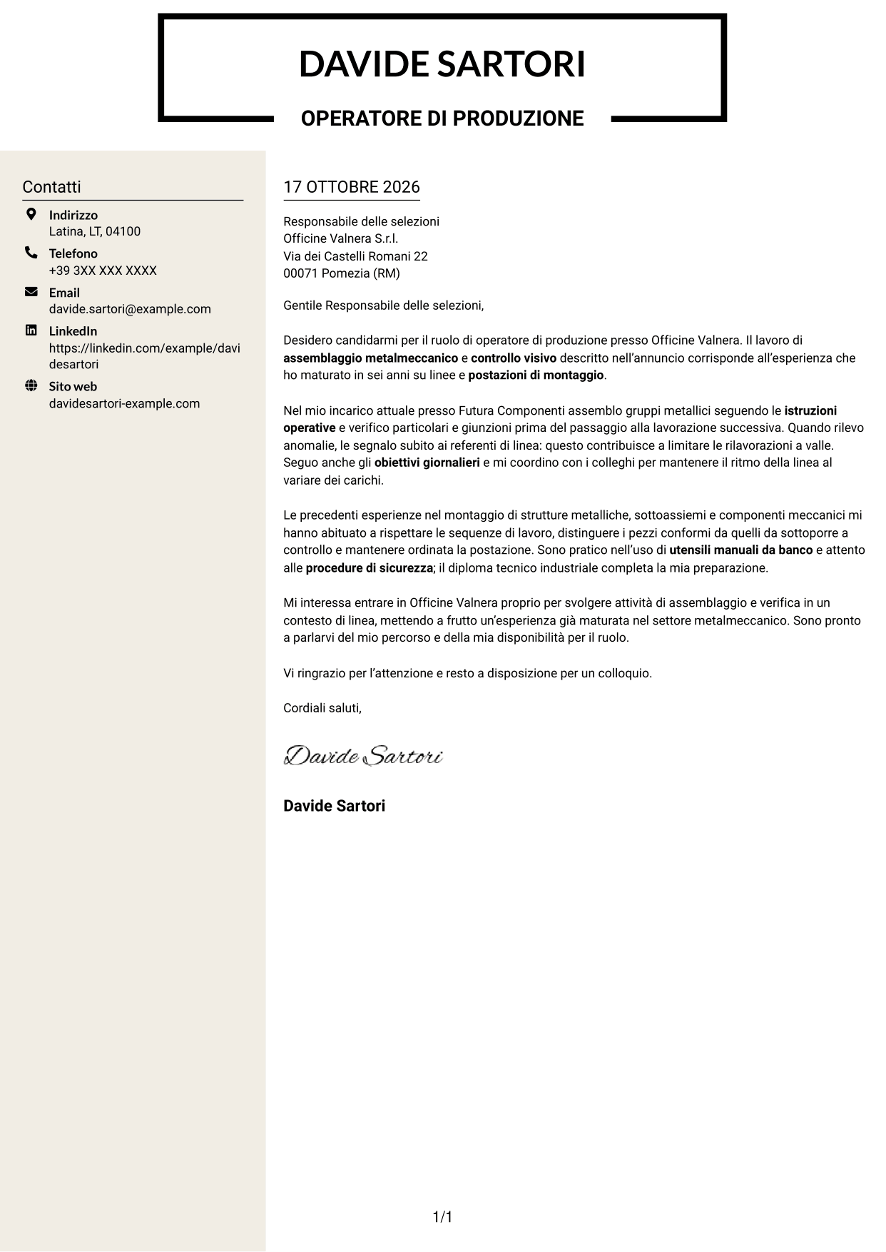Lettera di presentazione Intraprendente (formato a due colonne con intestazione centrata senza foto): Operatore di produzione - Assemblaggio metalmeccanico, pagina 1