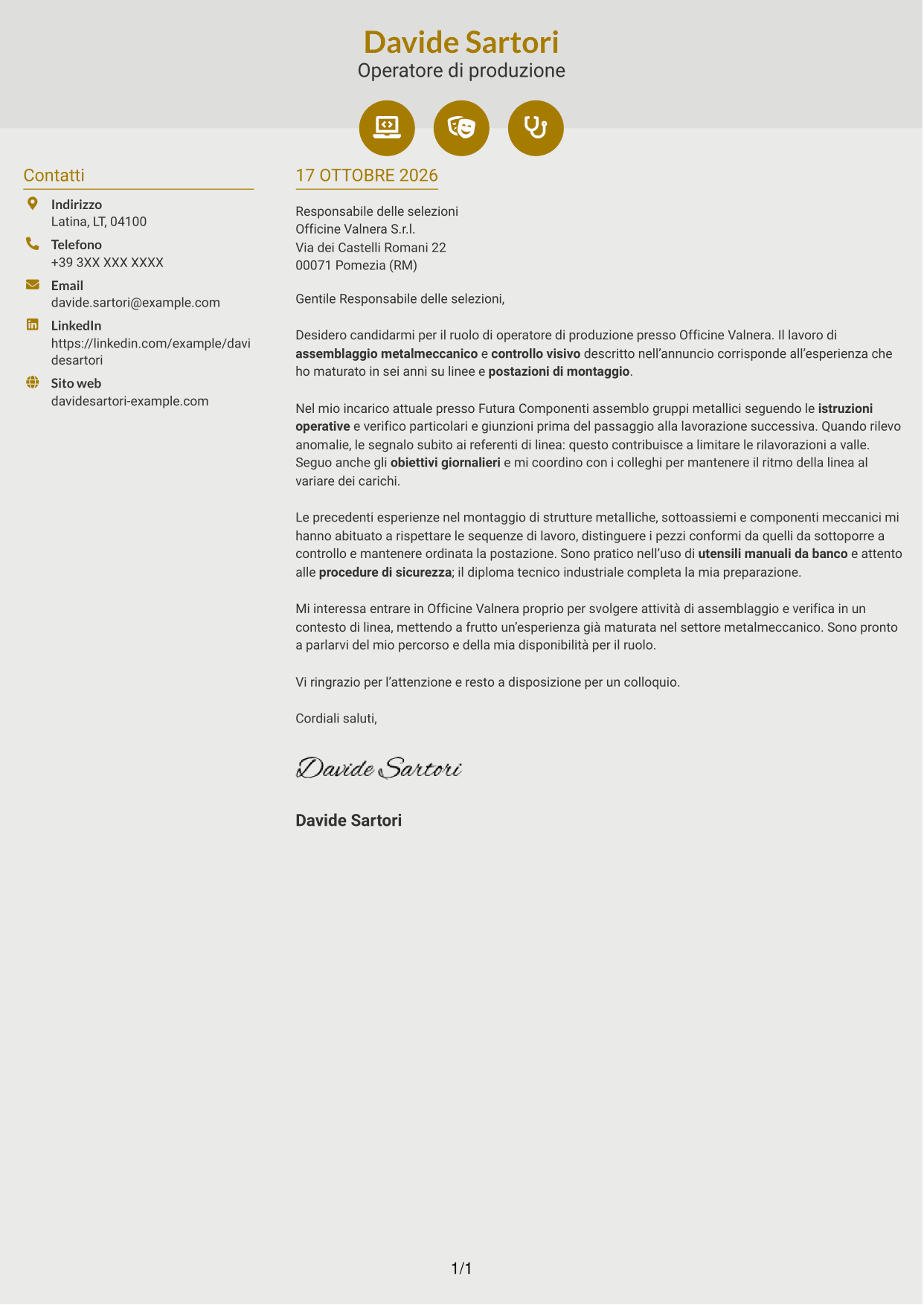 Lettera di presentazione Dinamico (formato a due colonne con icone): Operatore di produzione - Assemblaggio metalmeccanico, pagina 1