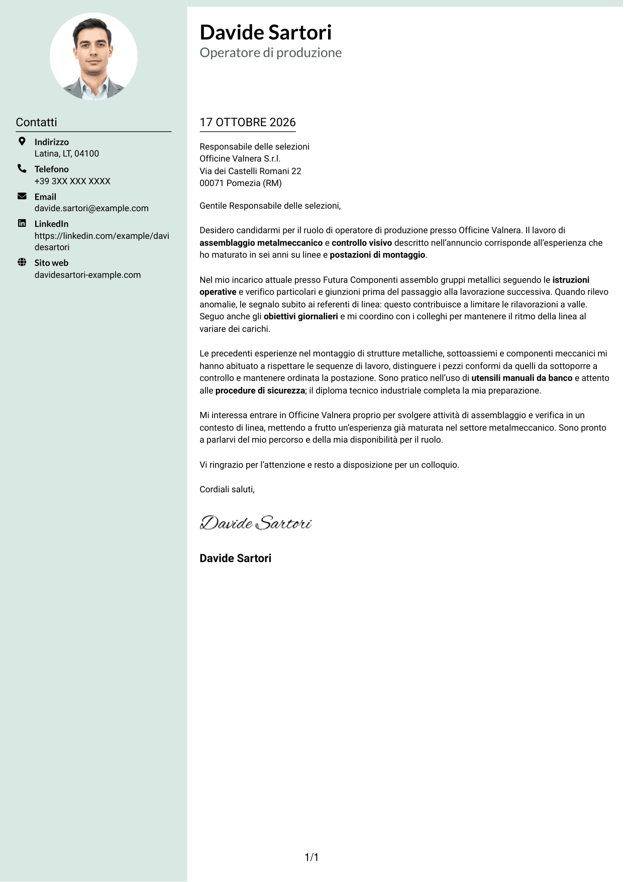 Lettera di presentazione Dirigente (formato con colonna laterale tenue e foto arrotondata): Operatore di produzione - Assemblaggio metalmeccanico, pagina 1