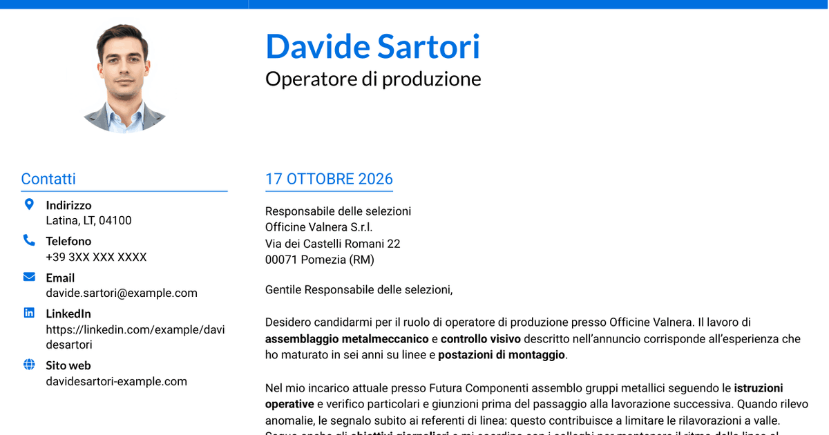 7 modelli di lettera di presentazione per Operatore di produzione - Assemblaggio metalmeccanico, con esempi