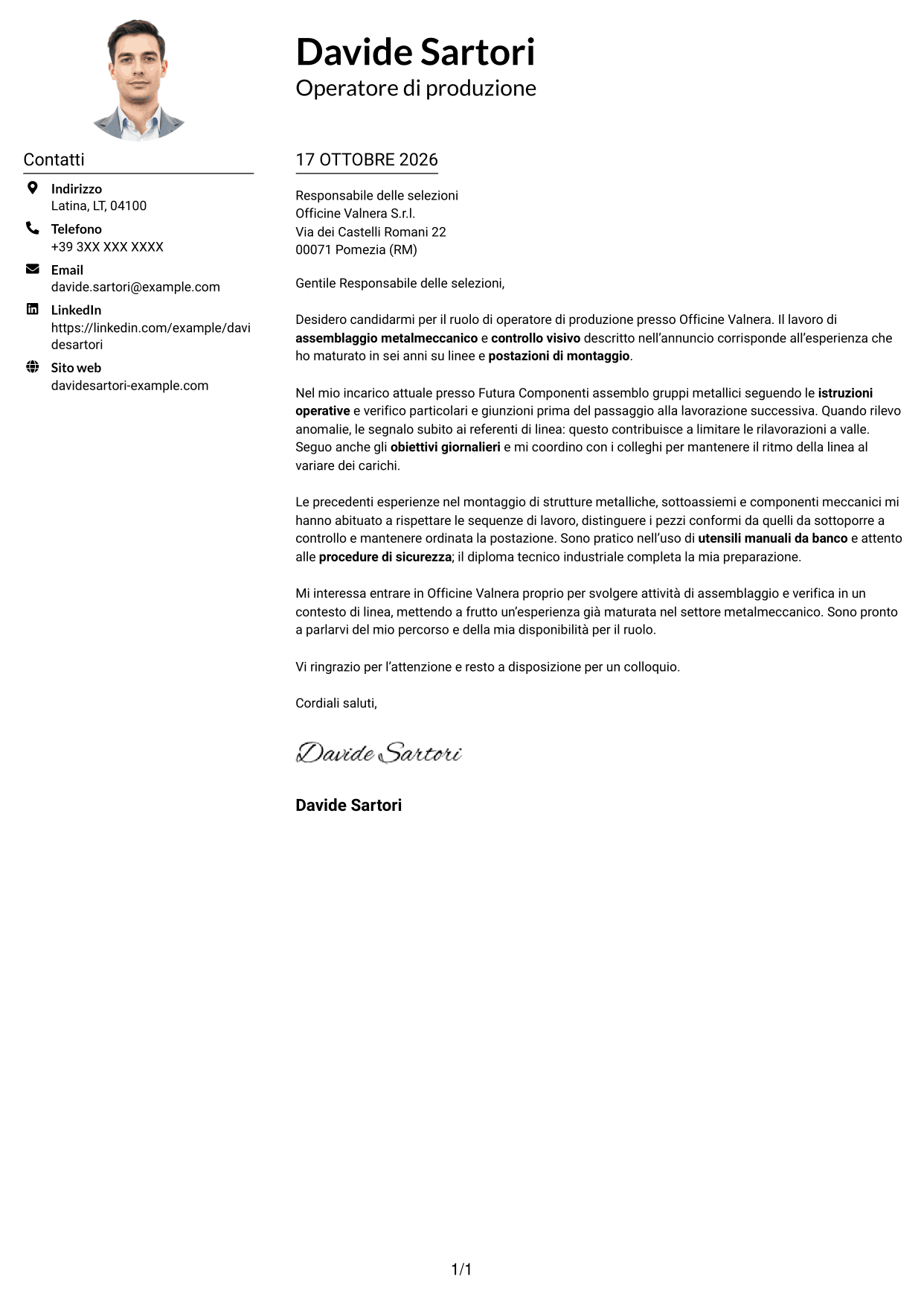 Esempio di lettera di presentazione — pagina 1