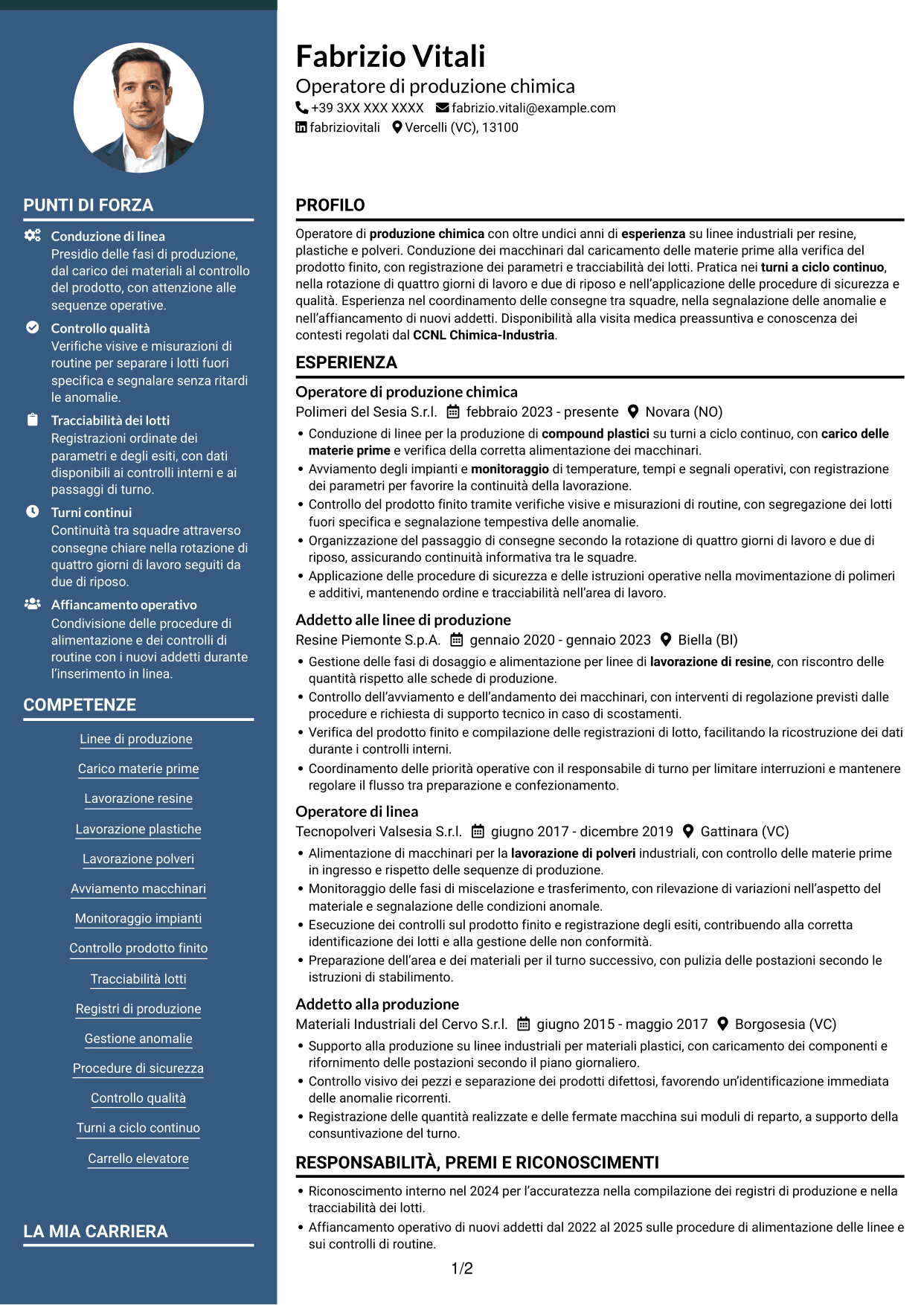 CV Elegante (formato con colonna laterale colorata e foto): Operatore di produzione chimica - Resine, plastiche e polveri, pagina 1