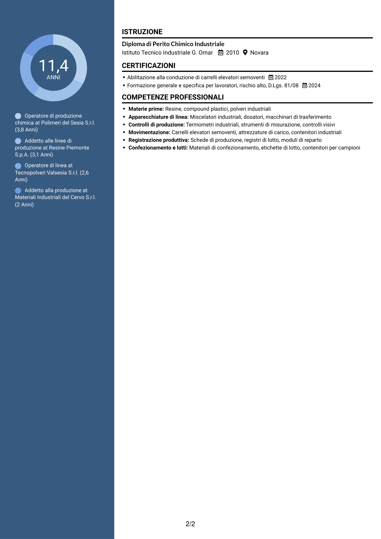 CV Elegante (formato con colonna laterale colorata e foto): Operatore di produzione chimica - Resine, plastiche e polveri, pagina 2