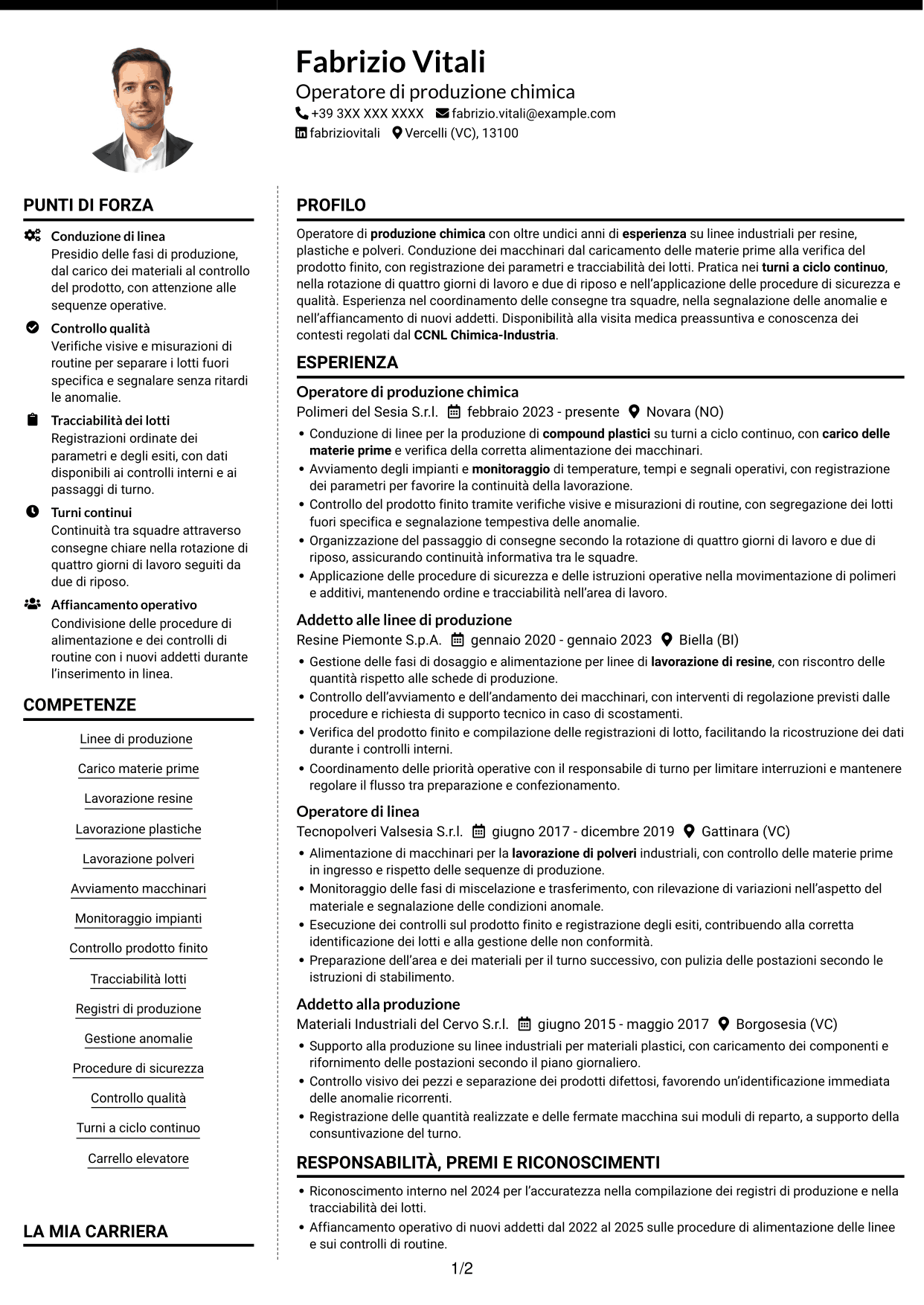 CV Moderno (formato a due colonne con foto a sinistra e separatore): Operatore di produzione chimica - Resine, plastiche e polveri, pagina 1