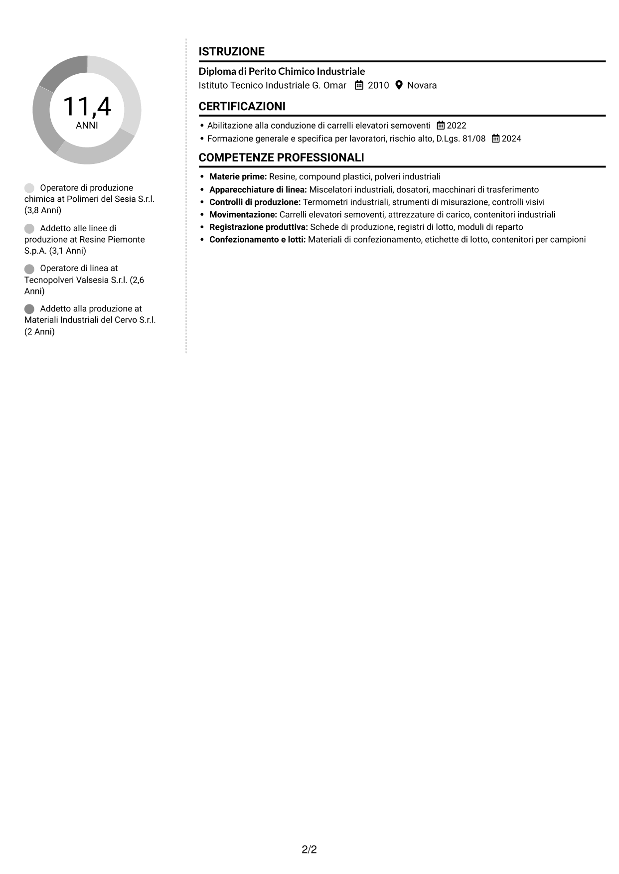 CV Moderno (formato a due colonne con foto a sinistra e separatore): Operatore di produzione chimica - Resine, plastiche e polveri, pagina 2