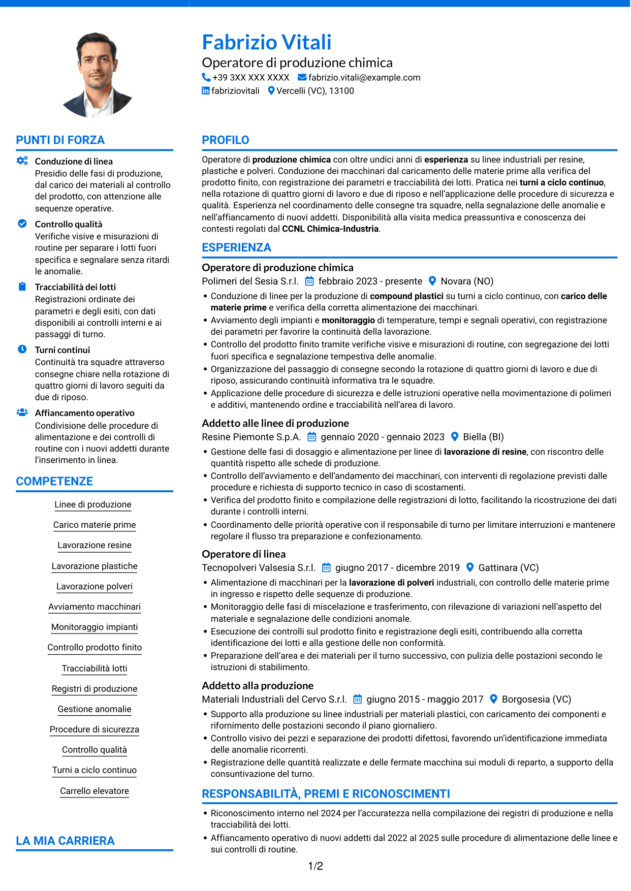 CV Audace (formato a due colonne con accenti colorati e foto): Operatore di produzione chimica - Resine, plastiche e polveri, pagina 1