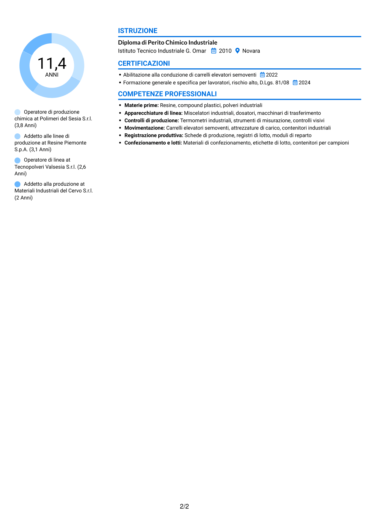 CV Audace (formato a due colonne con accenti colorati e foto): Operatore di produzione chimica - Resine, plastiche e polveri, pagina 2