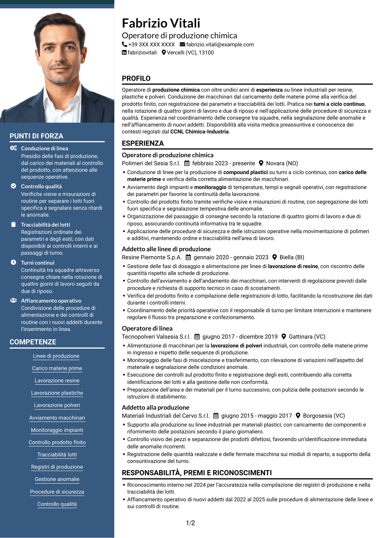 CV Signature (formato con colonna laterale colorata e foto grande): Operatore di produzione chimica - Resine, plastiche e polveri, pagina 1