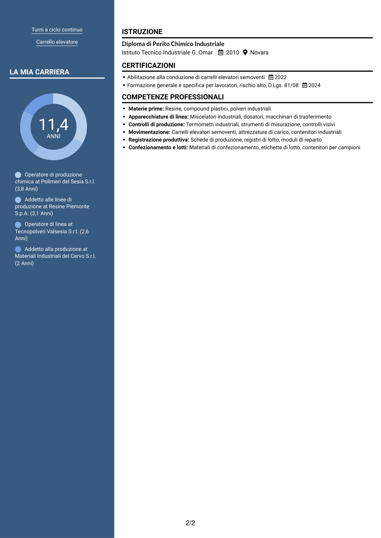 CV Signature (formato con colonna laterale colorata e foto grande): Operatore di produzione chimica - Resine, plastiche e polveri, pagina 2