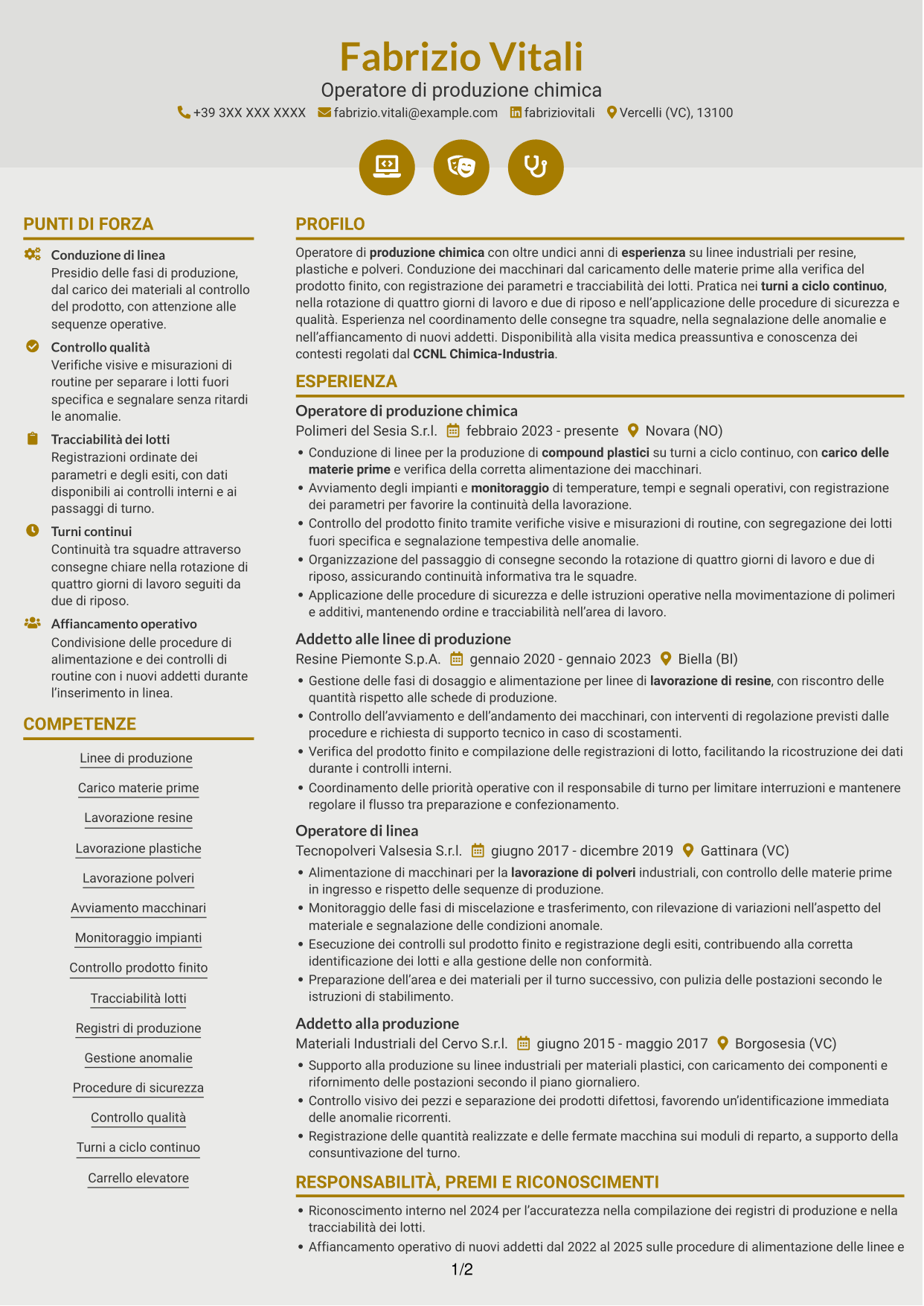 CV Dinamico (formato a due colonne con icone): Operatore di produzione chimica - Resine, plastiche e polveri, pagina 1
