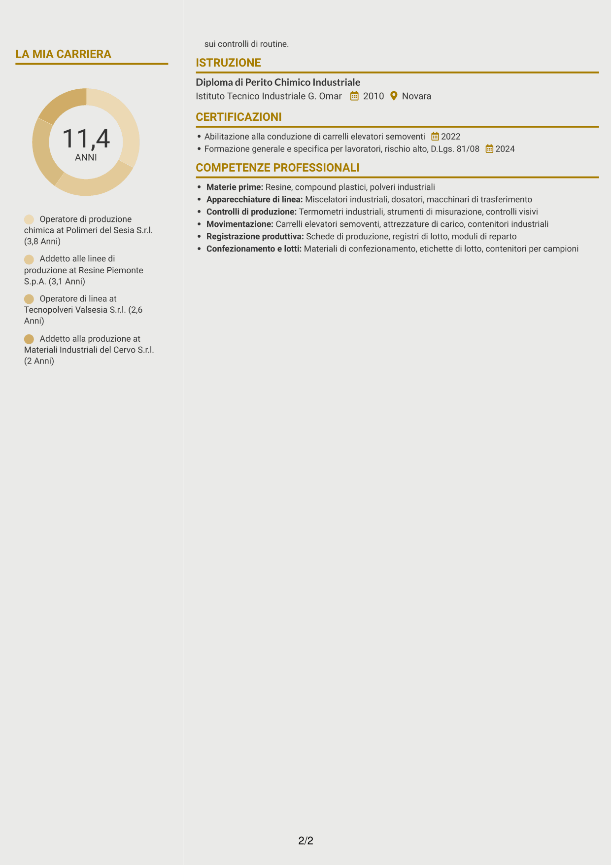 CV Dinamico (formato a due colonne con icone): Operatore di produzione chimica - Resine, plastiche e polveri, pagina 2