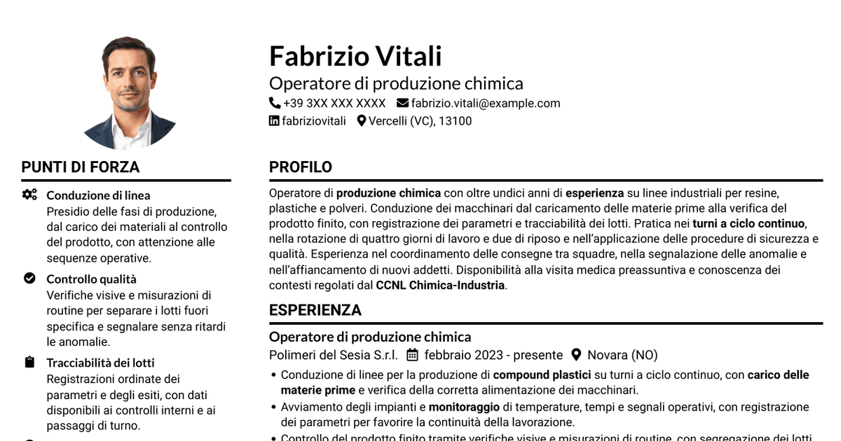 7 modelli di CV per Operatore di produzione chimica - Resine, plastiche e polveri, con esempi