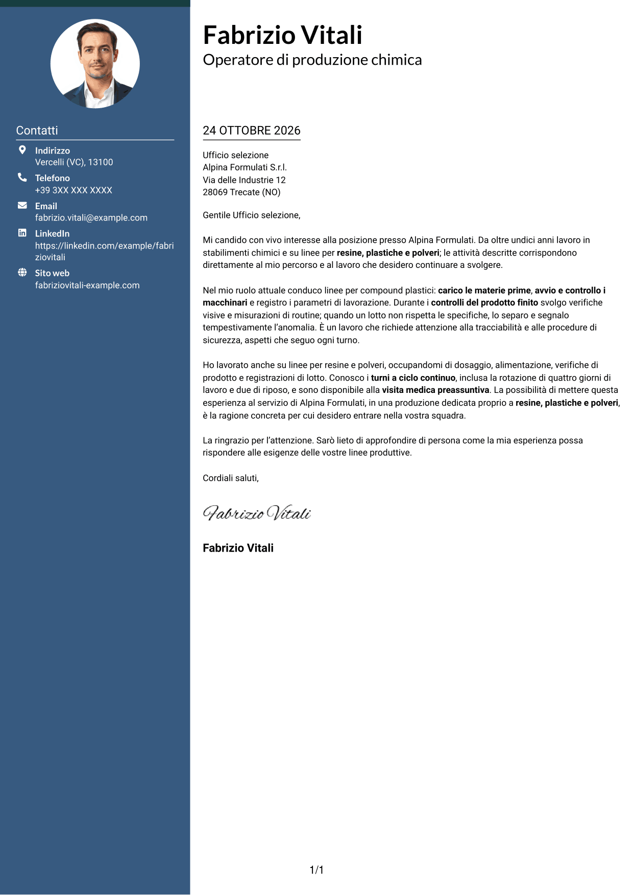 Lettera di presentazione Elegante (formato con colonna laterale colorata e foto): Operatore di produzione chimica - Resine, plastiche e polveri, pagina 1