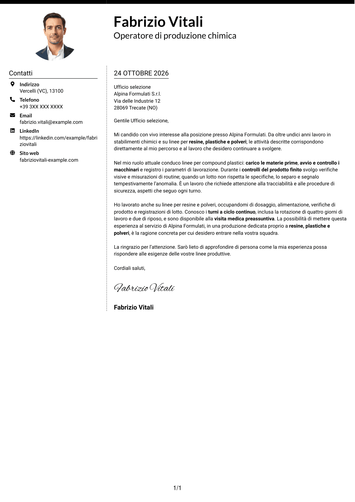 Lettera di presentazione Moderno (formato a due colonne con foto a sinistra e separatore): Operatore di produzione chimica - Resine, plastiche e polveri, pagina 1