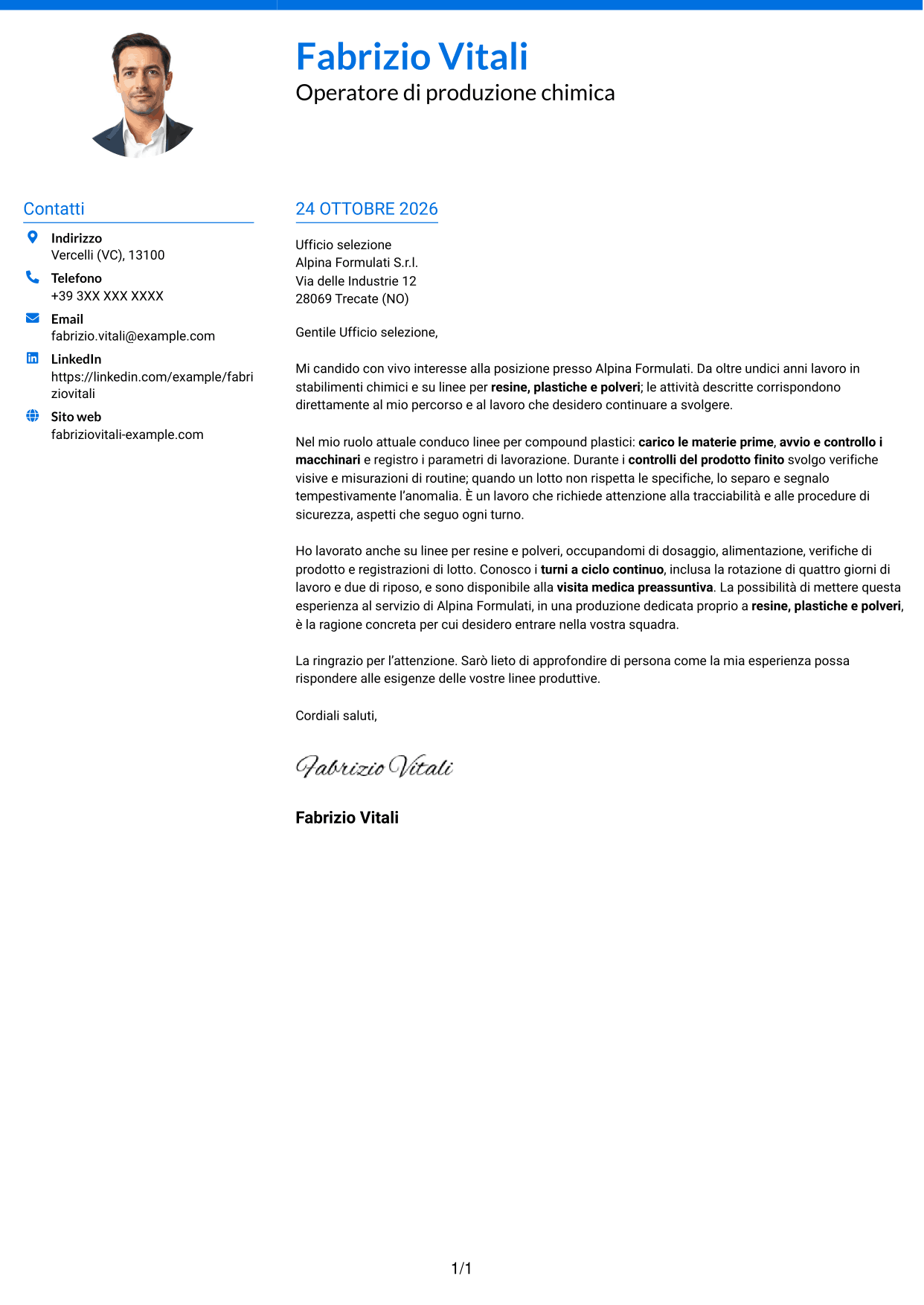 Lettera di presentazione Audace (formato a due colonne con accenti colorati e foto): Operatore di produzione chimica - Resine, plastiche e polveri, pagina 1