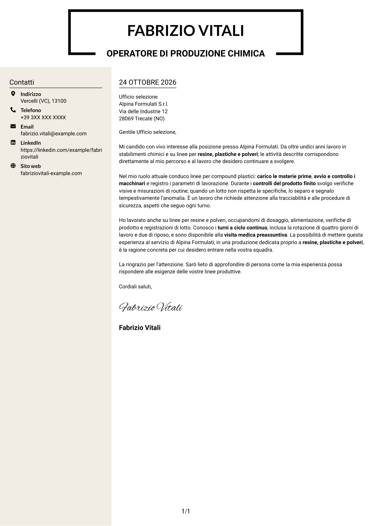 Lettera di presentazione Intraprendente (formato a due colonne con intestazione centrata senza foto): Operatore di produzione chimica - Resine, plastiche e polveri, pagina 1