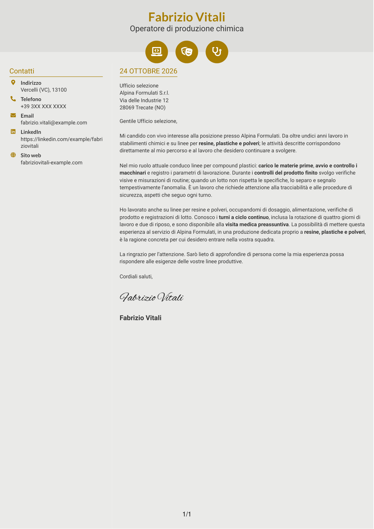 Lettera di presentazione Dinamico (formato a due colonne con icone): Operatore di produzione chimica - Resine, plastiche e polveri, pagina 1