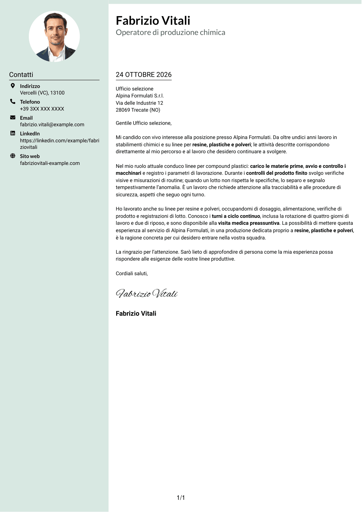 Lettera di presentazione Dirigente (formato con colonna laterale tenue e foto arrotondata): Operatore di produzione chimica - Resine, plastiche e polveri, pagina 1