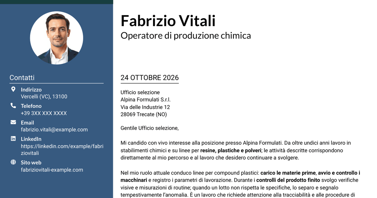7 modelli di lettera di presentazione per Operatore di produzione chimica - Resine, plastiche e polveri, con esempi