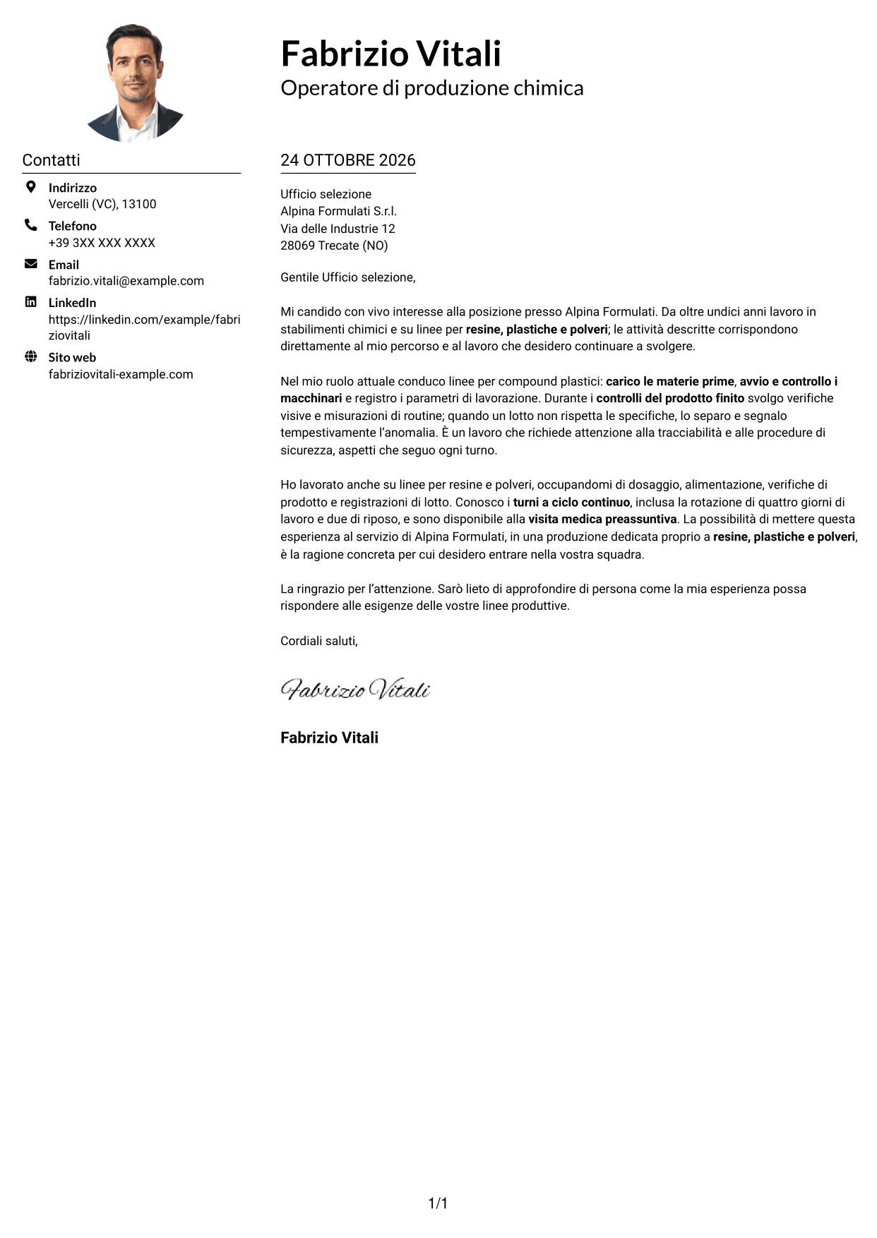 Esempio di lettera di presentazione — pagina 1