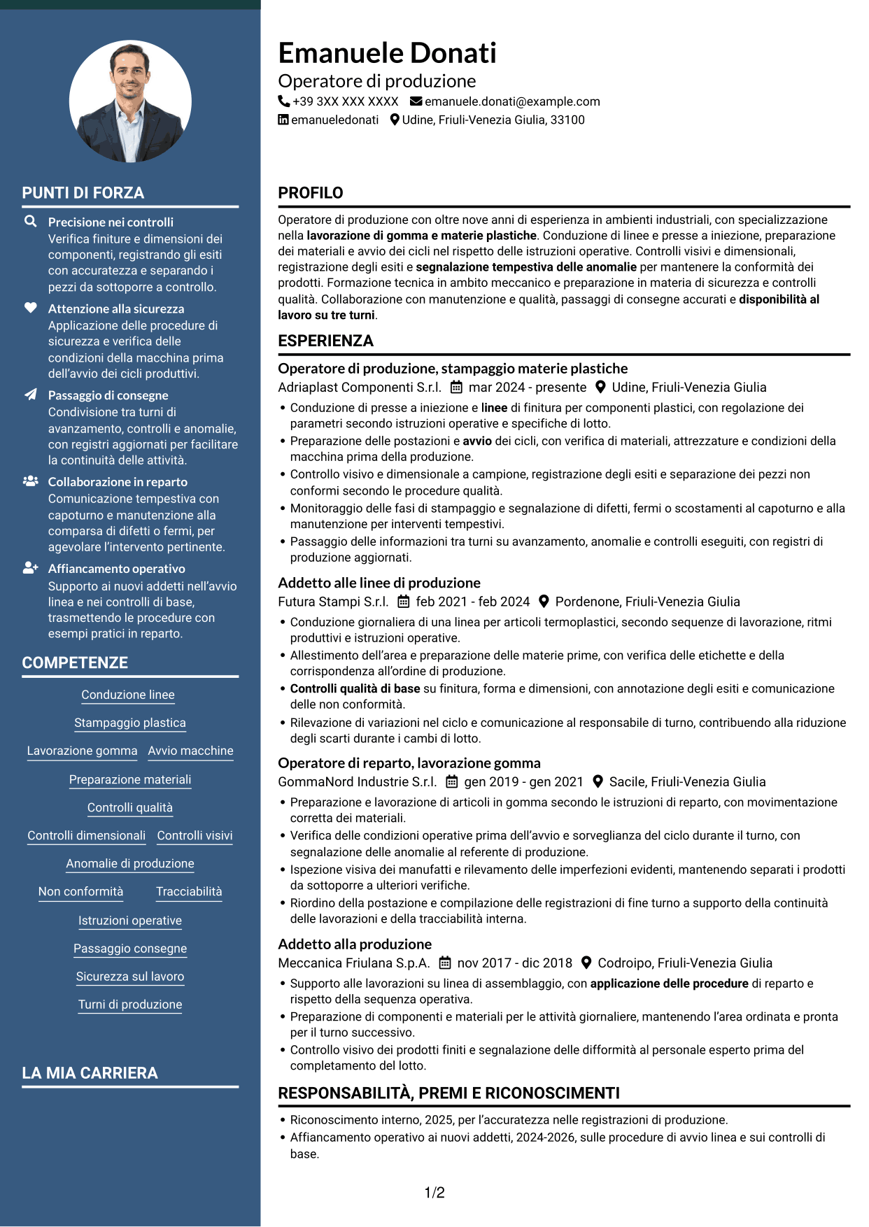 CV Elegante (formato con colonna laterale colorata e foto): Operatore di produzione - Lavorazione gomma e plastica, pagina 1
