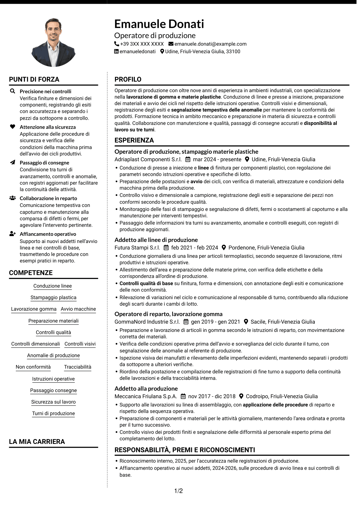 CV Moderno (formato a due colonne con foto a sinistra e separatore): Operatore di produzione - Lavorazione gomma e plastica, pagina 1