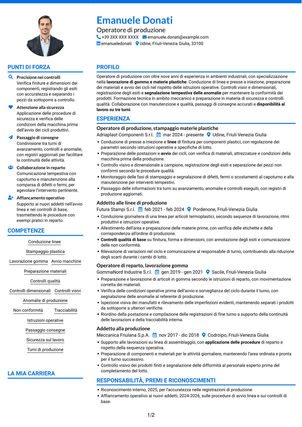 CV Audace (formato a due colonne con accenti colorati e foto): Operatore di produzione - Lavorazione gomma e plastica, pagina 1