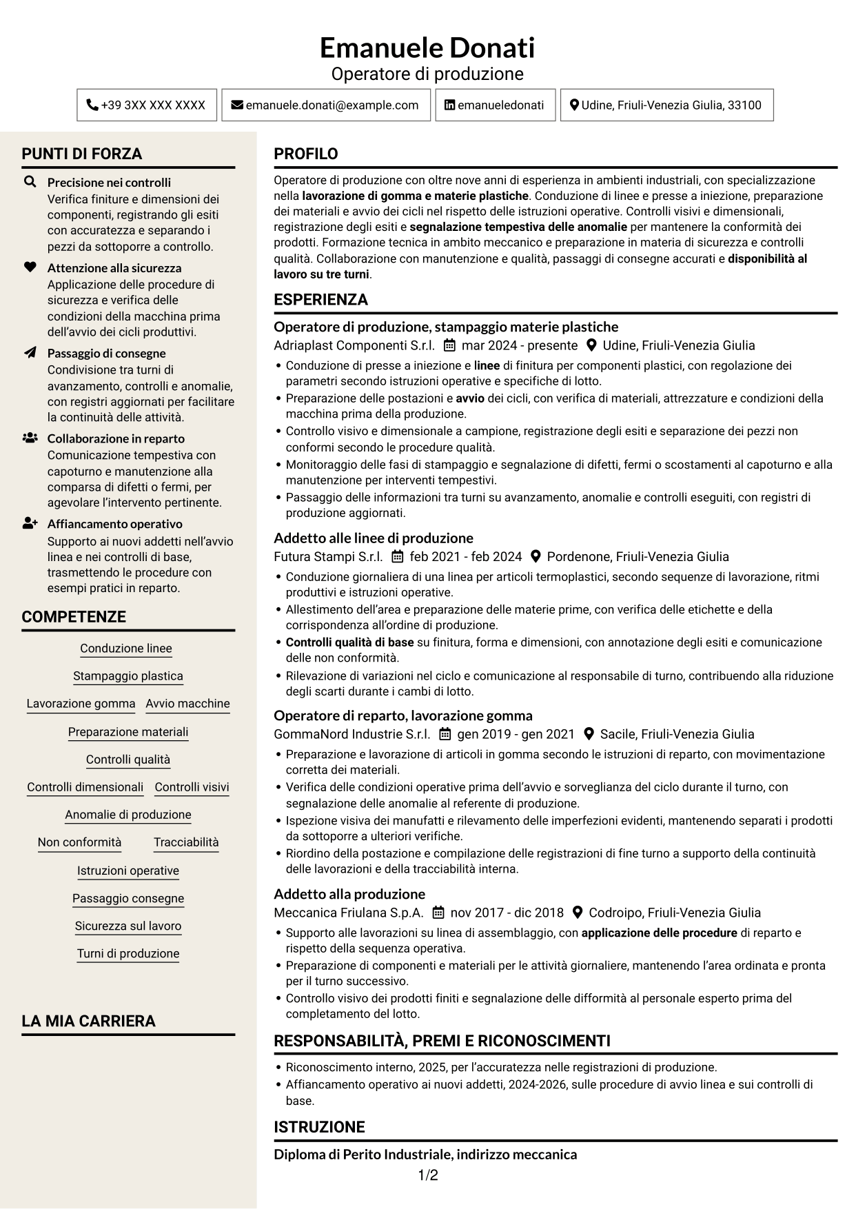 CV Intraprendente (formato a due colonne con intestazione centrata senza foto): Operatore di produzione - Lavorazione gomma e plastica, pagina 1