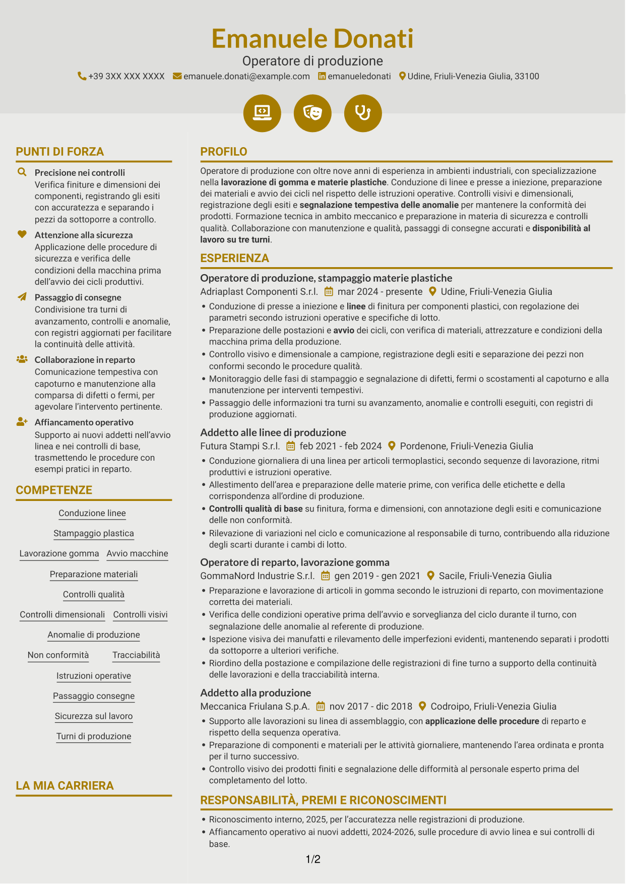 CV Dinamico (formato a due colonne con icone): Operatore di produzione - Lavorazione gomma e plastica, pagina 1