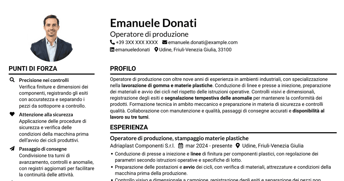 7 modelli di CV per Operatore di produzione - Lavorazione gomma e plastica, con esempi