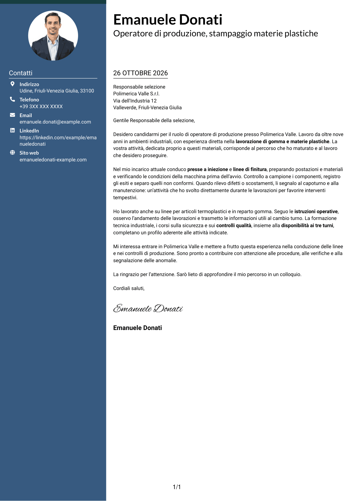 Lettera di presentazione Elegante (formato con colonna laterale colorata e foto): Operatore di produzione - Lavorazione gomma e plastica, pagina 1
