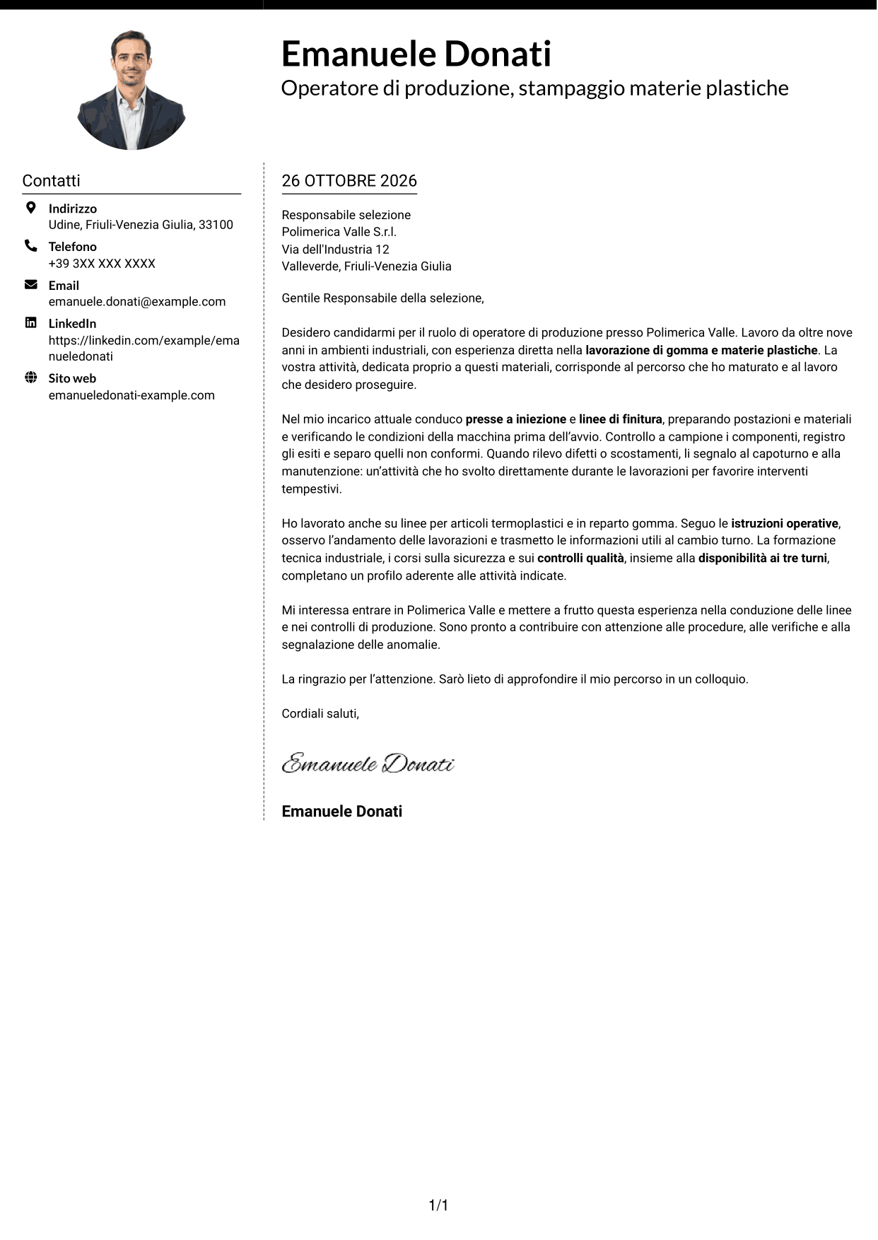 Lettera di presentazione Moderno (formato a due colonne con foto a sinistra e separatore): Operatore di produzione - Lavorazione gomma e plastica, pagina 1
