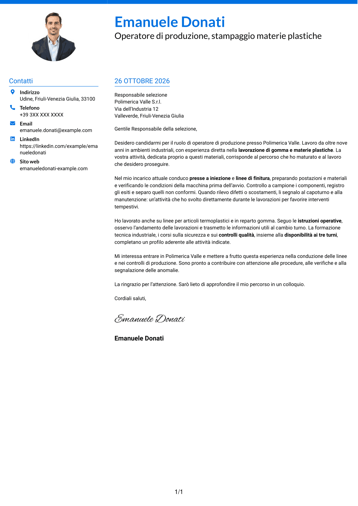 Lettera di presentazione Audace (formato a due colonne con accenti colorati e foto): Operatore di produzione - Lavorazione gomma e plastica, pagina 1