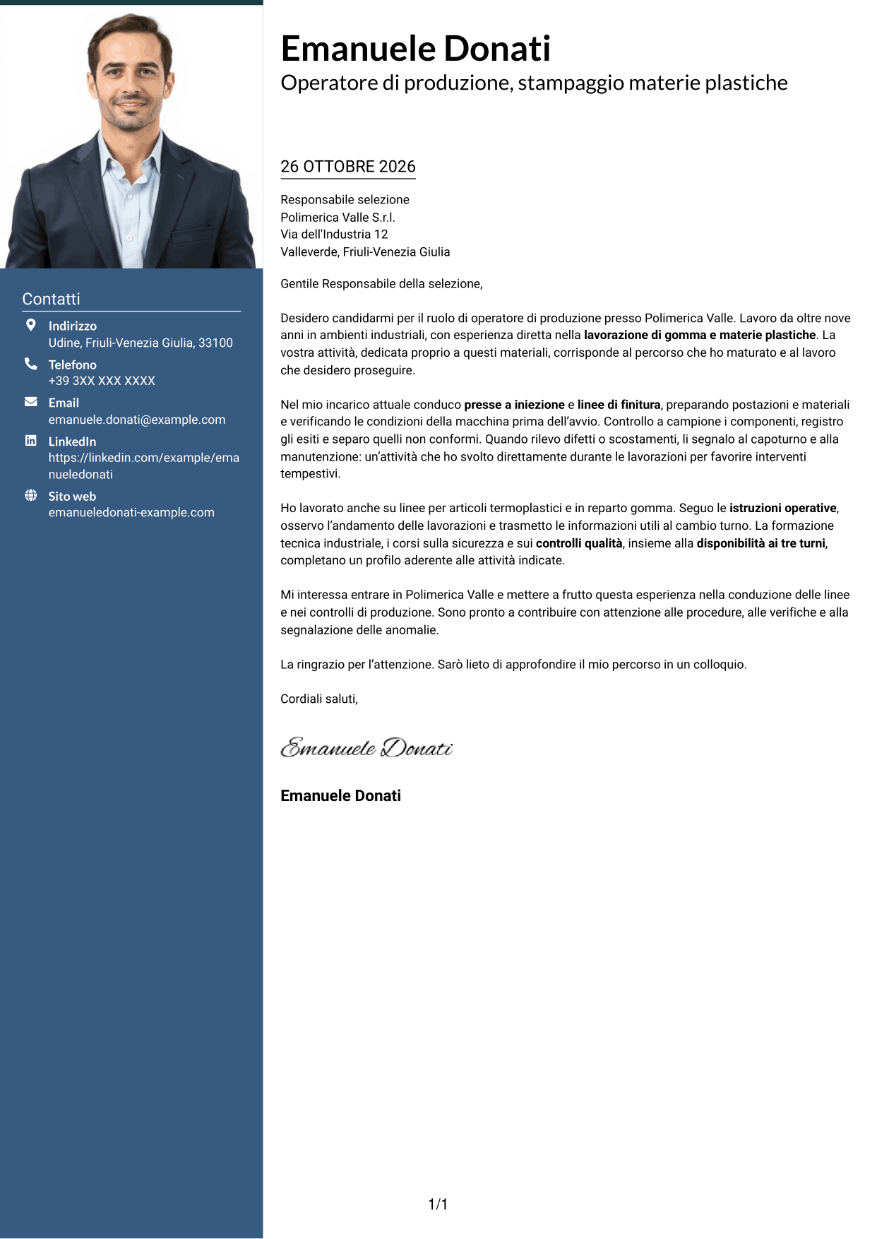 Lettera di presentazione Signature (formato con colonna laterale colorata e foto grande): Operatore di produzione - Lavorazione gomma e plastica, pagina 1